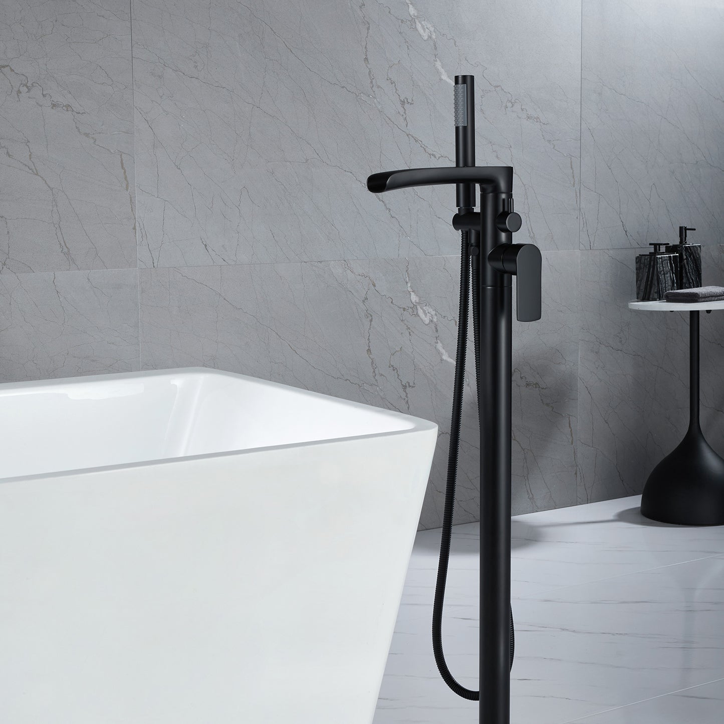 Single-Handle Freestanding Floor Mount Roman Tub Faucet Bathtub Filler with Hand Shower in Matte Black