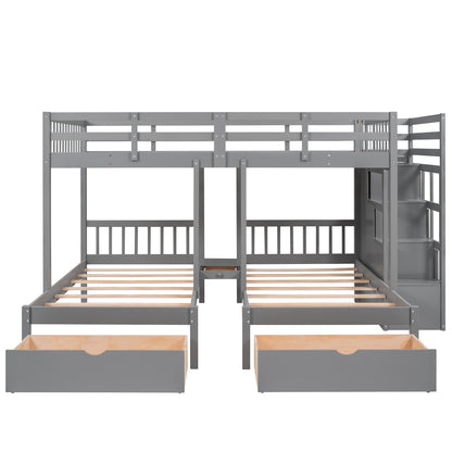 Full Over Twin & Twin Bunk Bed, Wood Triple Bunk Bed with Drawers and Guardrails (Gray)