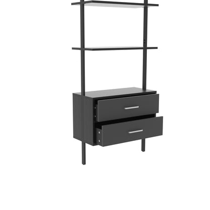 Vertical open space shelf with 2 drawers, Ladder bookcase,Modern storage rack shelves, office bookshelf(black+gray),provides storage for artwork, decorative figurines, and potted plants