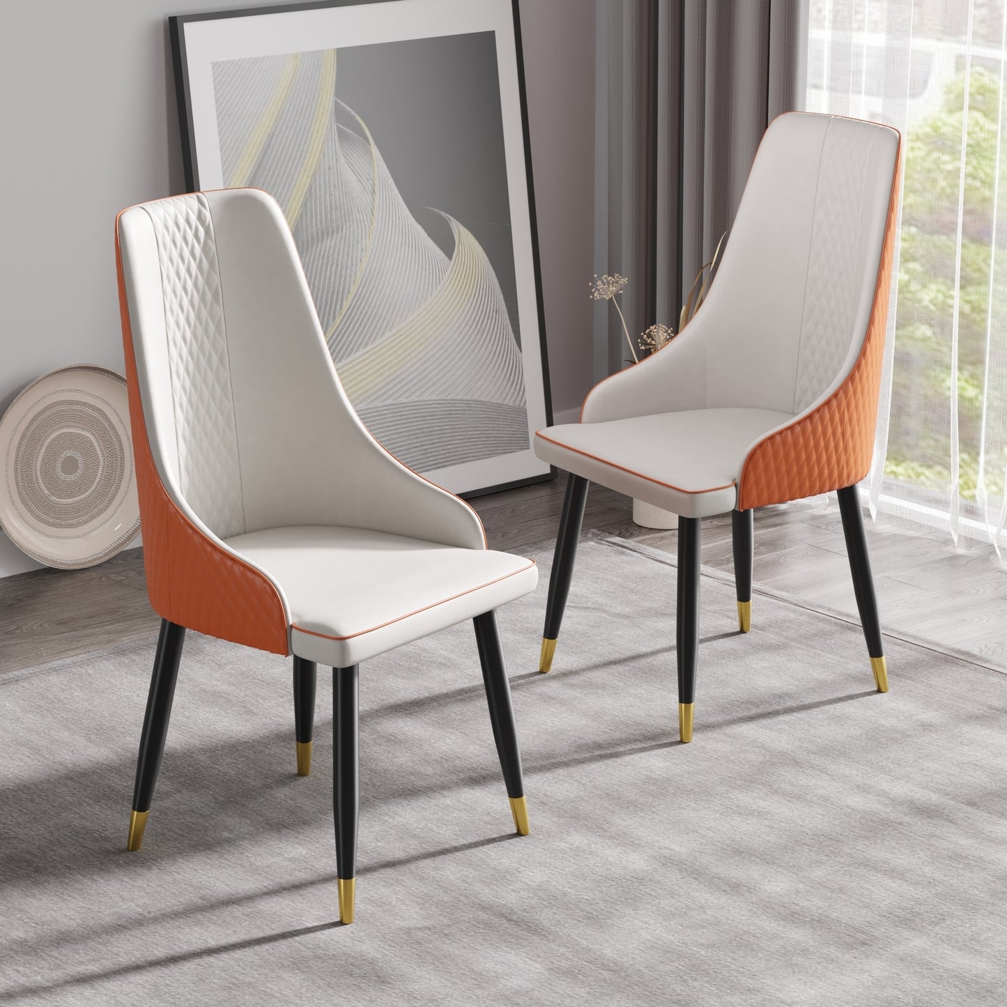 Modern dining chair PU leather metal legs-white+orange-2pcs/ctn