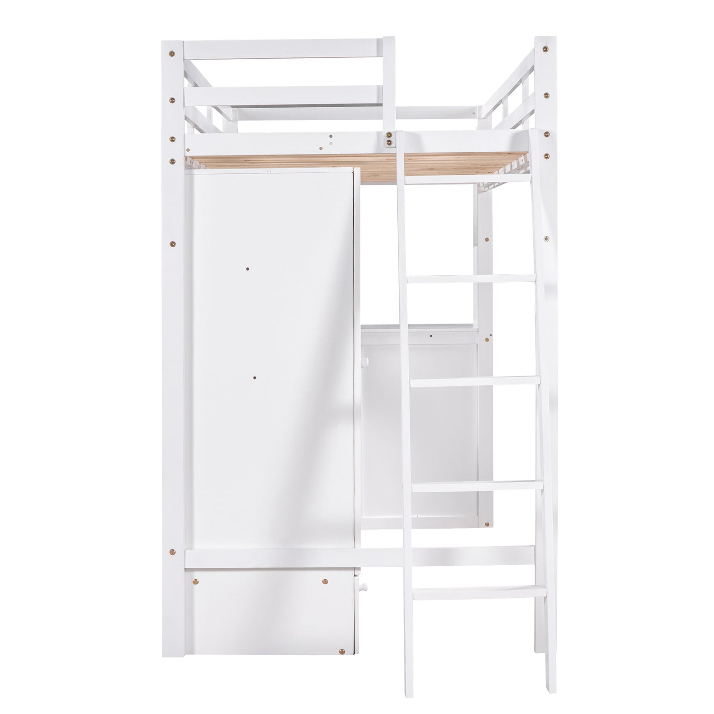 Twin Size Loft Bed with Wardrobe and Drawers, attached Desk with Shelves, White