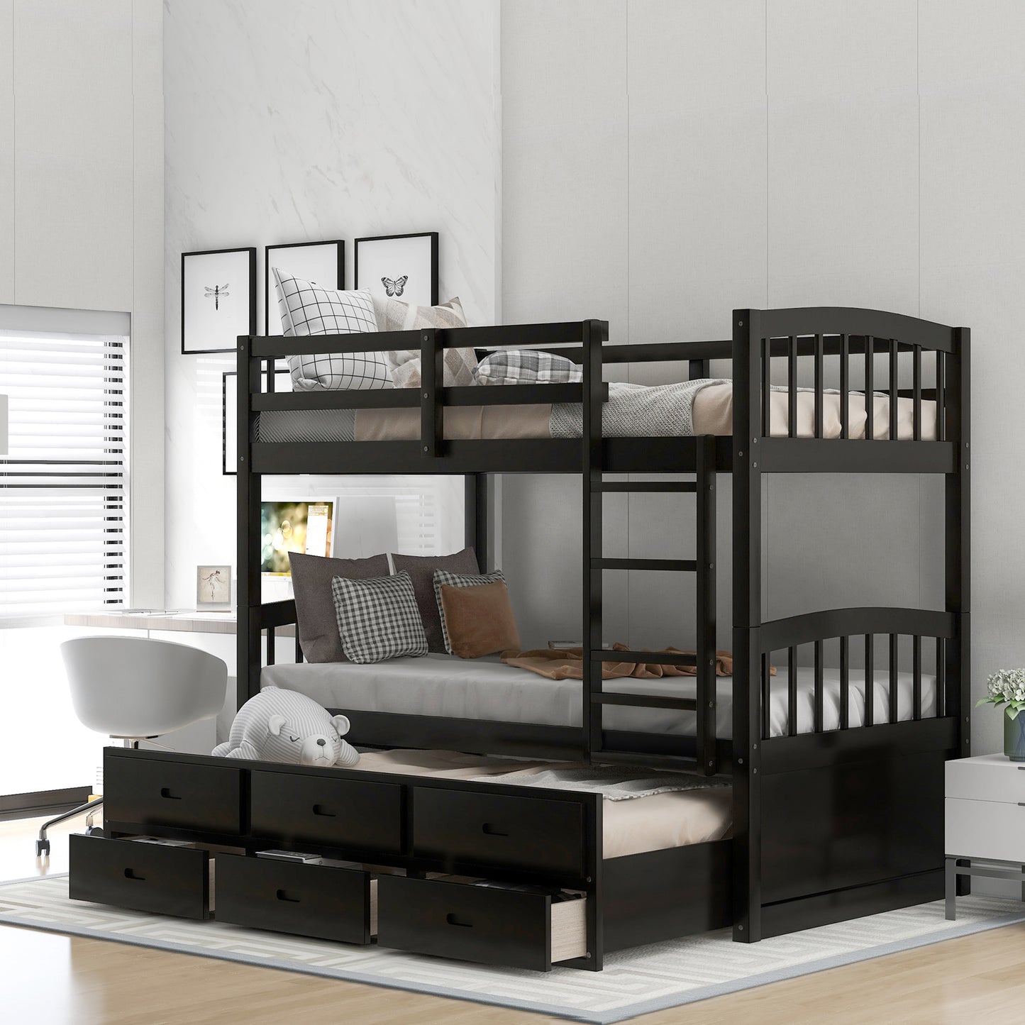 Twin over Twin Wood Bunk Bed with Trundle and Drawers, Espresso