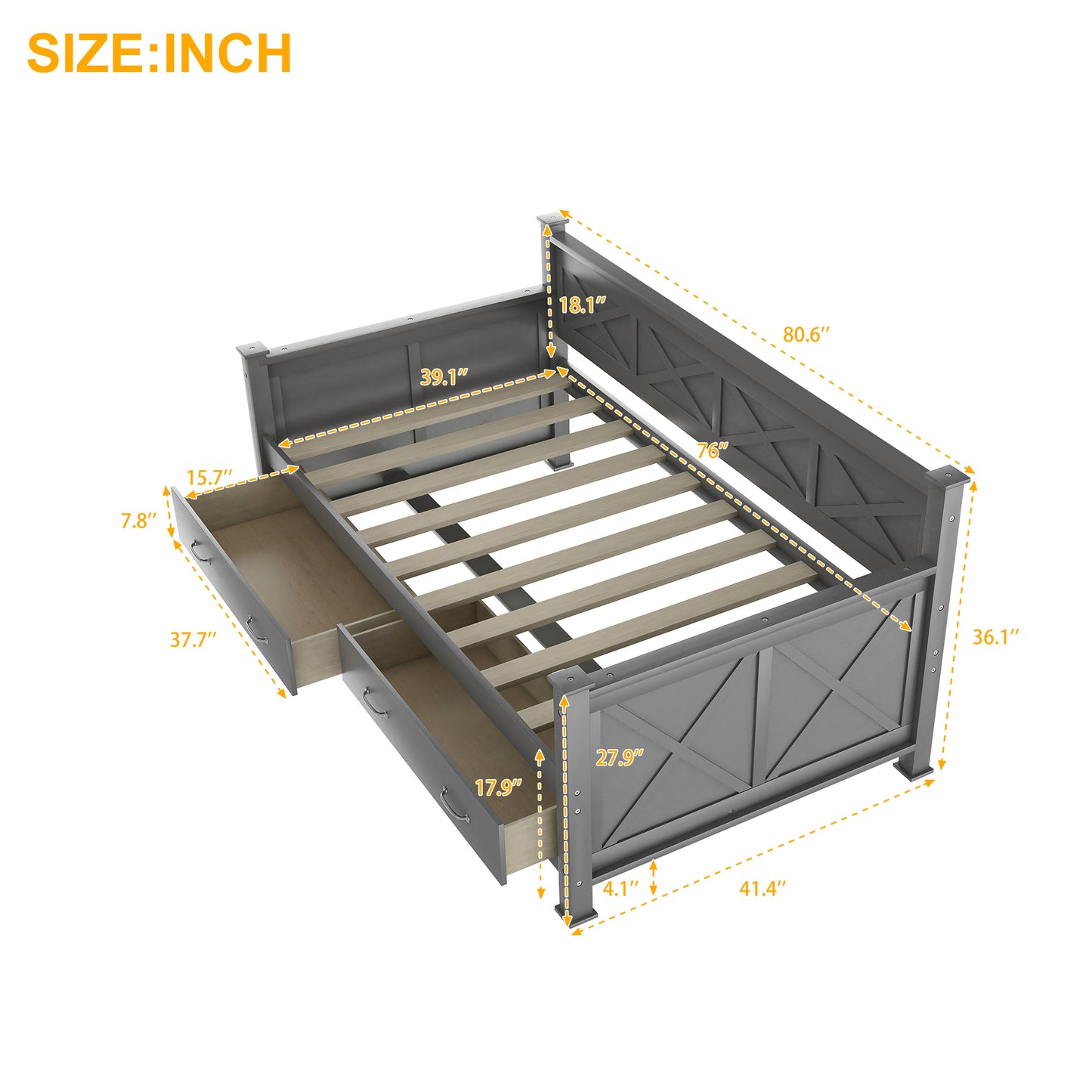 Twin Size Daybed with 2 Large Drawers, X-shaped Frame, Modern and Rustic Casual Style Daybed, Gray(New)