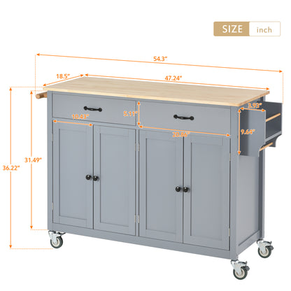 Kitchen Island Cart with Solid Wood Top and Locking Wheels，54.3 Inch Width，4 Door Cabinet and Two Drawers，Spice Rack, Towel Rack （Grey Blue）