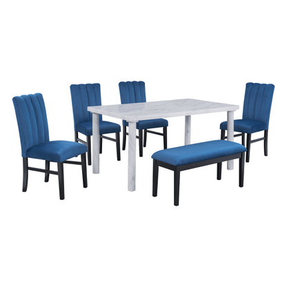 TREXM 6-Piece Dining Table Set with Marble Veneer Table and 4 Flannelette Upholstered Dining Chairs & Bench (White+Blue)