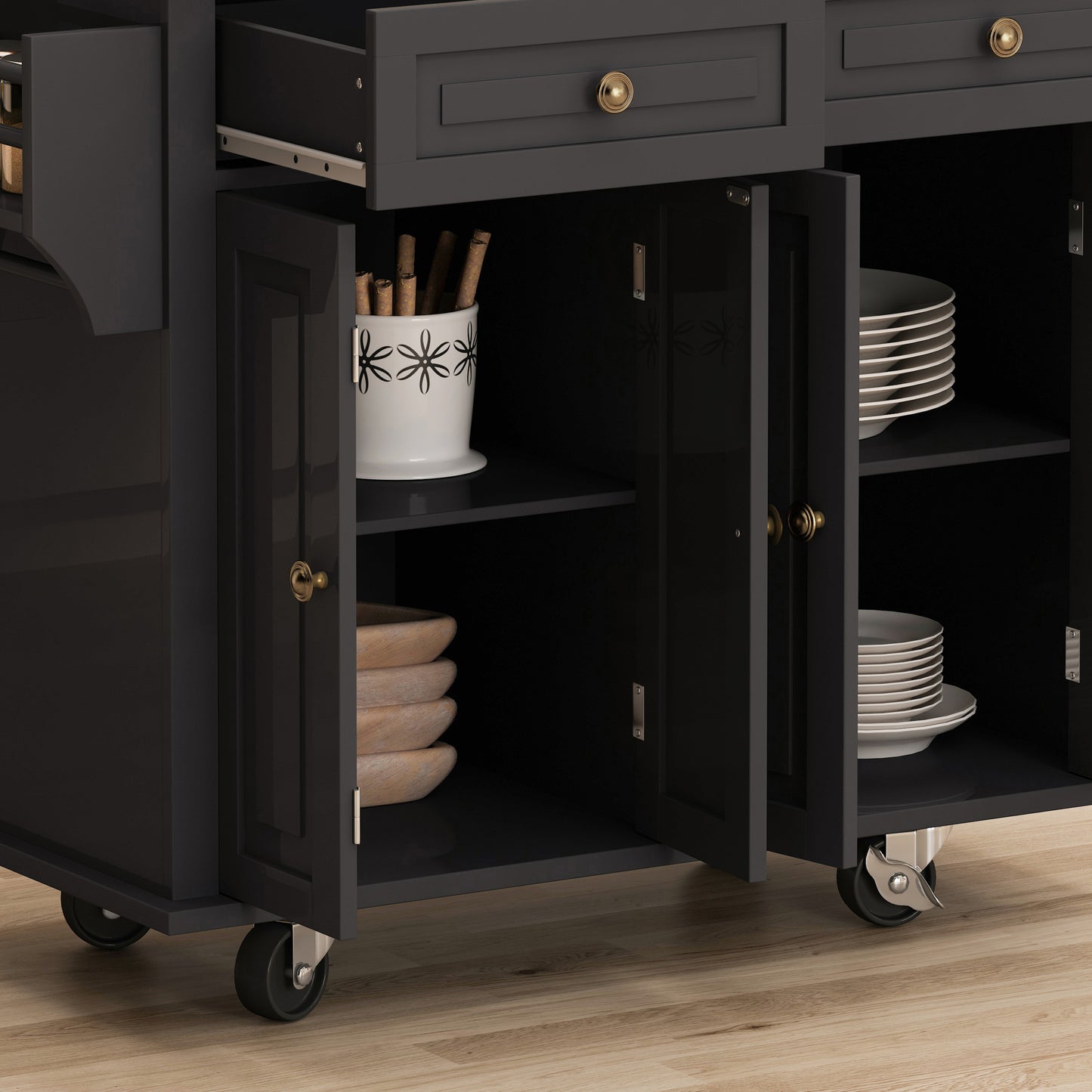 Kitchen Island Cart with Two Storage Cabinets and Two Locking Wheels，43.31 Inch Width，4 Door Cabinet and Two Drawers，Spice Rack, Towel Rack （Black)