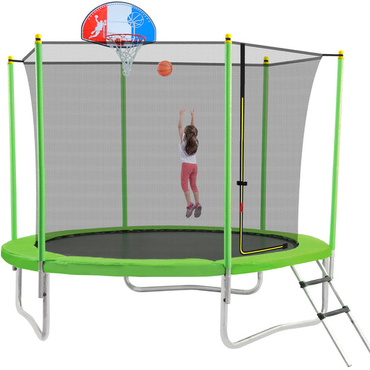 10FT Trampoline for Kids with Safety Enclosure Net, Basketball Hoop and Ladder, Easy Assembly Round Outdoor Recreational Trampoline