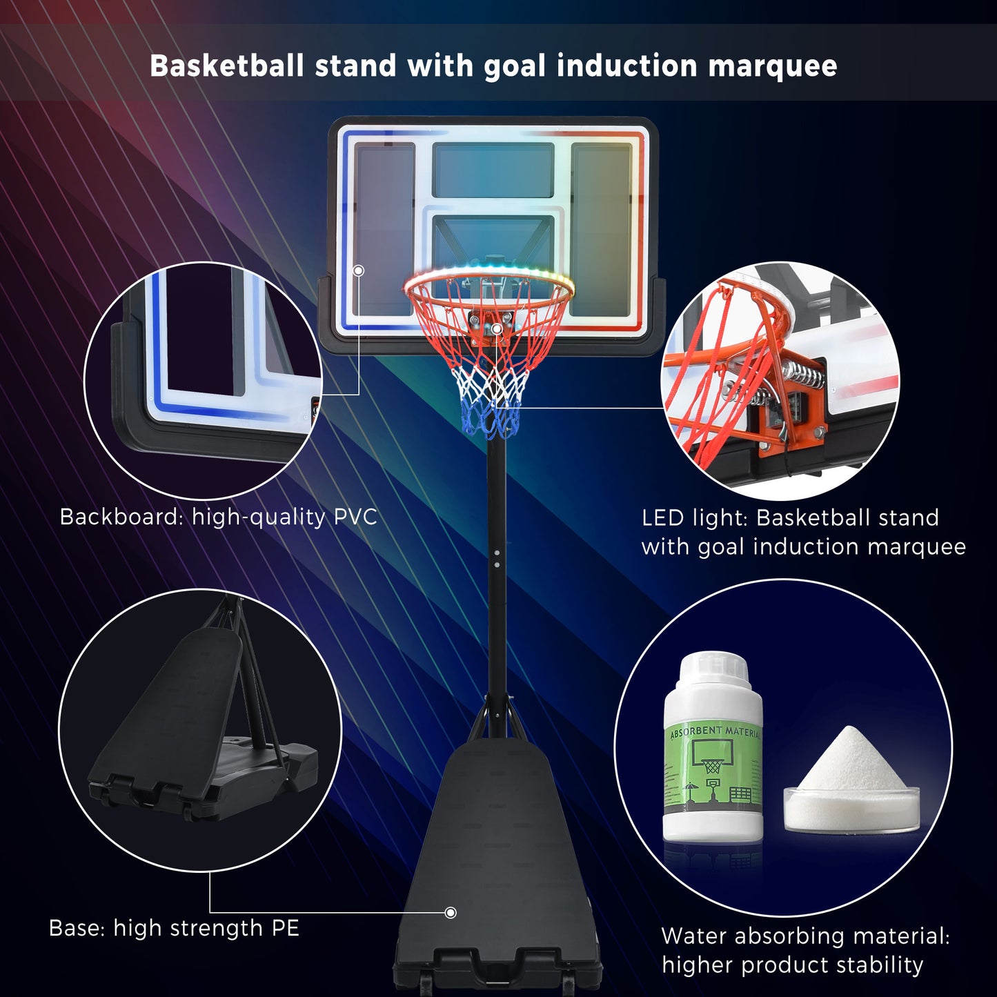 Portable Basketball Hoop Basketball System 8-10ft Height Adjustment for Youth Adults LED Basketball Hoop Lights, Colorful lights, Waterproof，Super Bright to Play at Night Outdoors,Good Gift for Kids