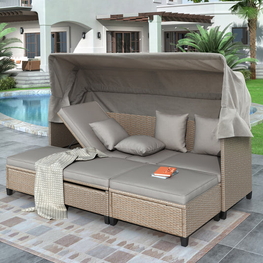 TOPMAX 4 Piece UV-Resistant Resin Wicker Patio Sofa Set with Retractable Canopy, Cushions and Lifting Table,Brown