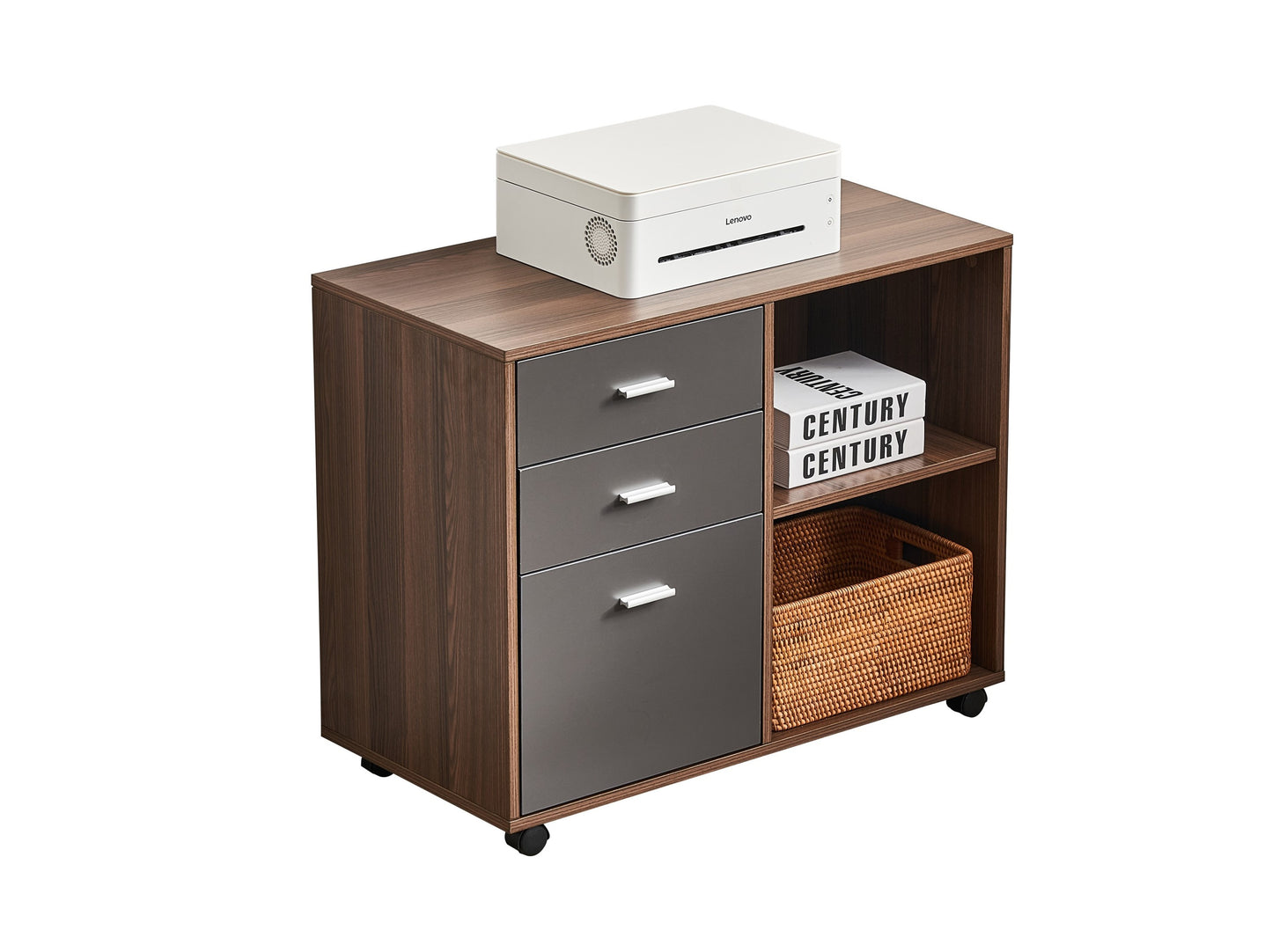 File Cabinet 3 -Drawer Mobile Lateral Filing Cabinet with Printer Stand for Home Office (Walnut and Dark Grey )