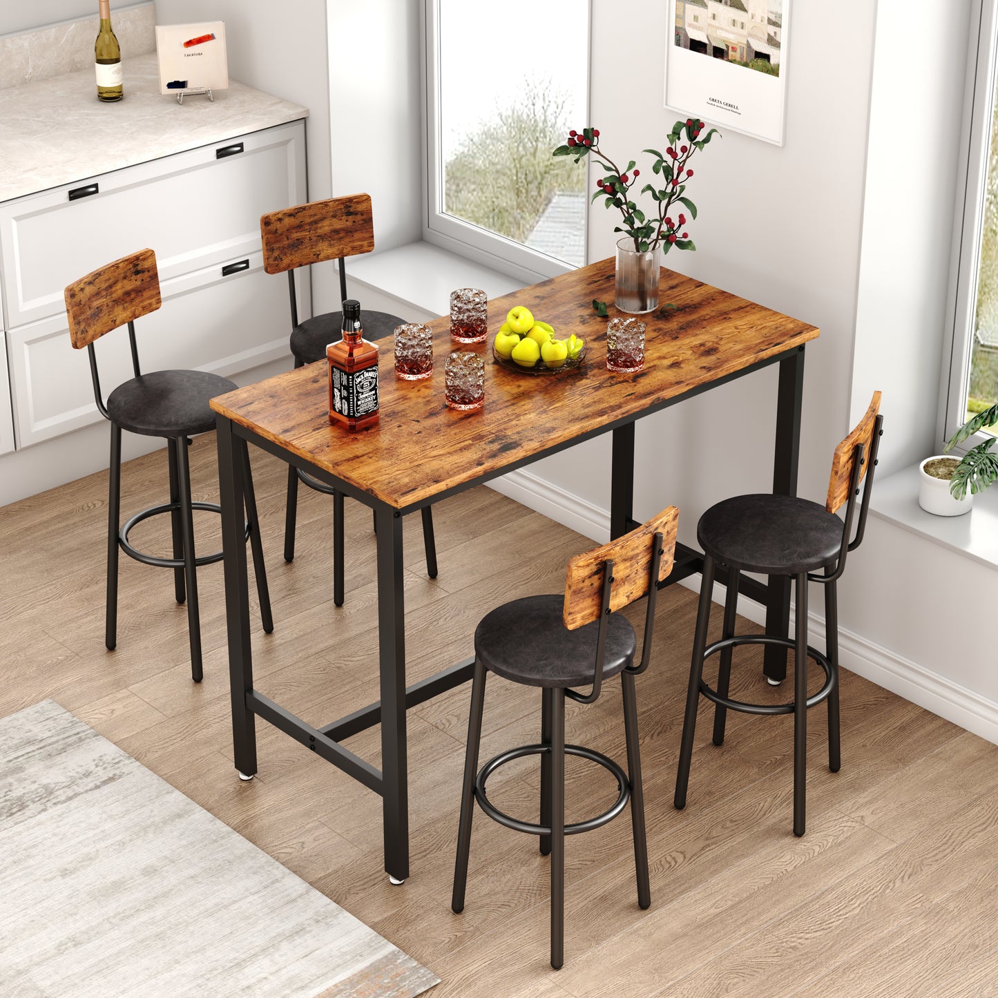 Bar Table Set with 4 Bar stools PU Soft seat with backrest (Rustic Brown，47.24’’w x 23.62’’d x 35.43’’h)