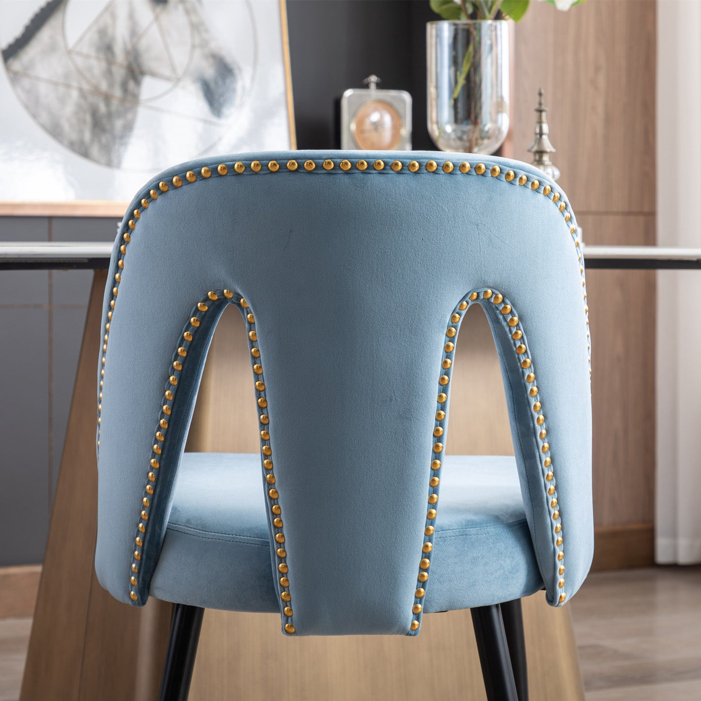 A&A Furniture,Akoya Collection Modern | Contemporary Velvet Upholstered Dining Chair with Nailheads and Gold Tipped Black Metal Legs, Light Blue，Set of 2