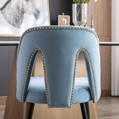 A&A Furniture,Akoya Collection Modern | Contemporary Velvet Upholstered Dining Chair with Nailheads and Gold Tipped Black Metal Legs, Light Blue，Set of 2