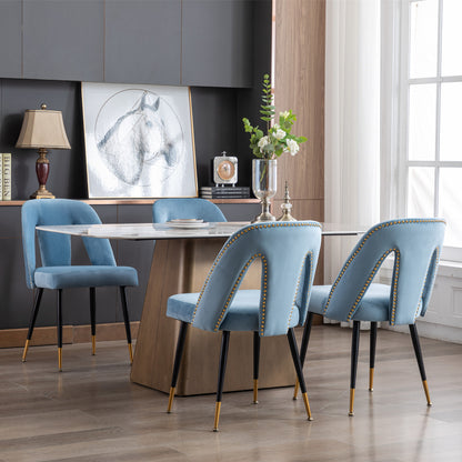 A&A Furniture,Akoya Collection Modern | Contemporary Velvet Upholstered Dining Chair with Nailheads and Gold Tipped Black Metal Legs, Light Blue，Set of 2