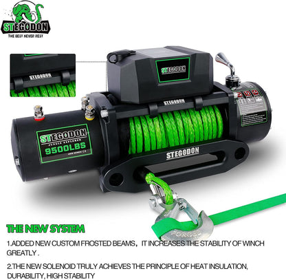 STEGODON New 9500 lb. Load Capacity Electric Winch S3,12V Waterproof IP67 Electric Winch with Hawse Fairlead, Synthetic Rope Winch with Wireless Handheld Remote and Wired Handle(Green-Rope)