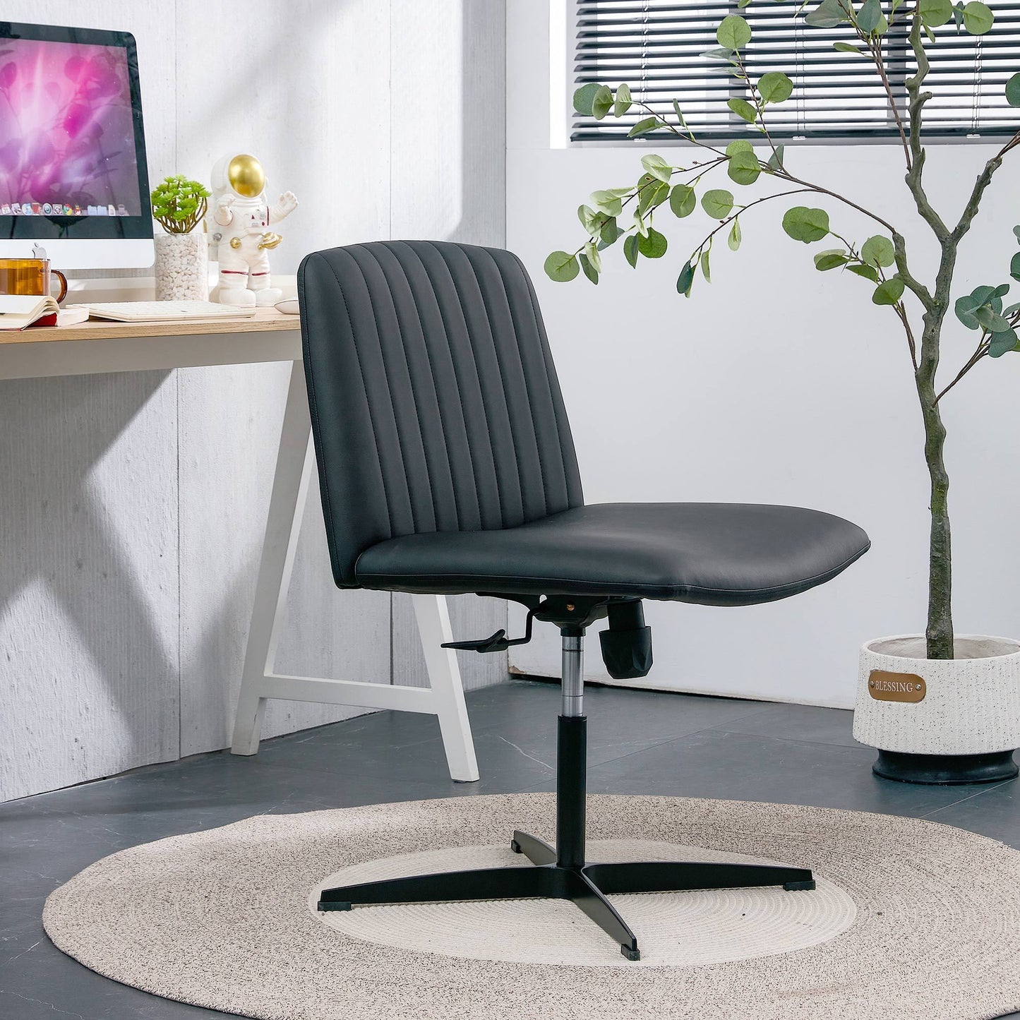 Black High Grade Pu Material. Home Computer Chair Office Chair Adjustable 360 ° Swivel Cushion Chair With Black Foot Swivel Chair Makeup Chair Study Desk Chair. No Wheels