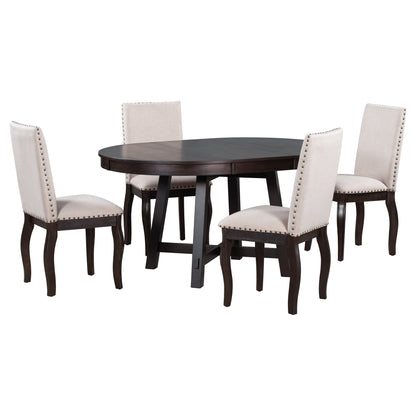 TREXM 5-Piece Farmhouse Dining Table Set Wood Round Extendable Dining Table and 4 Upholstered Dining Chairs (Espresso)