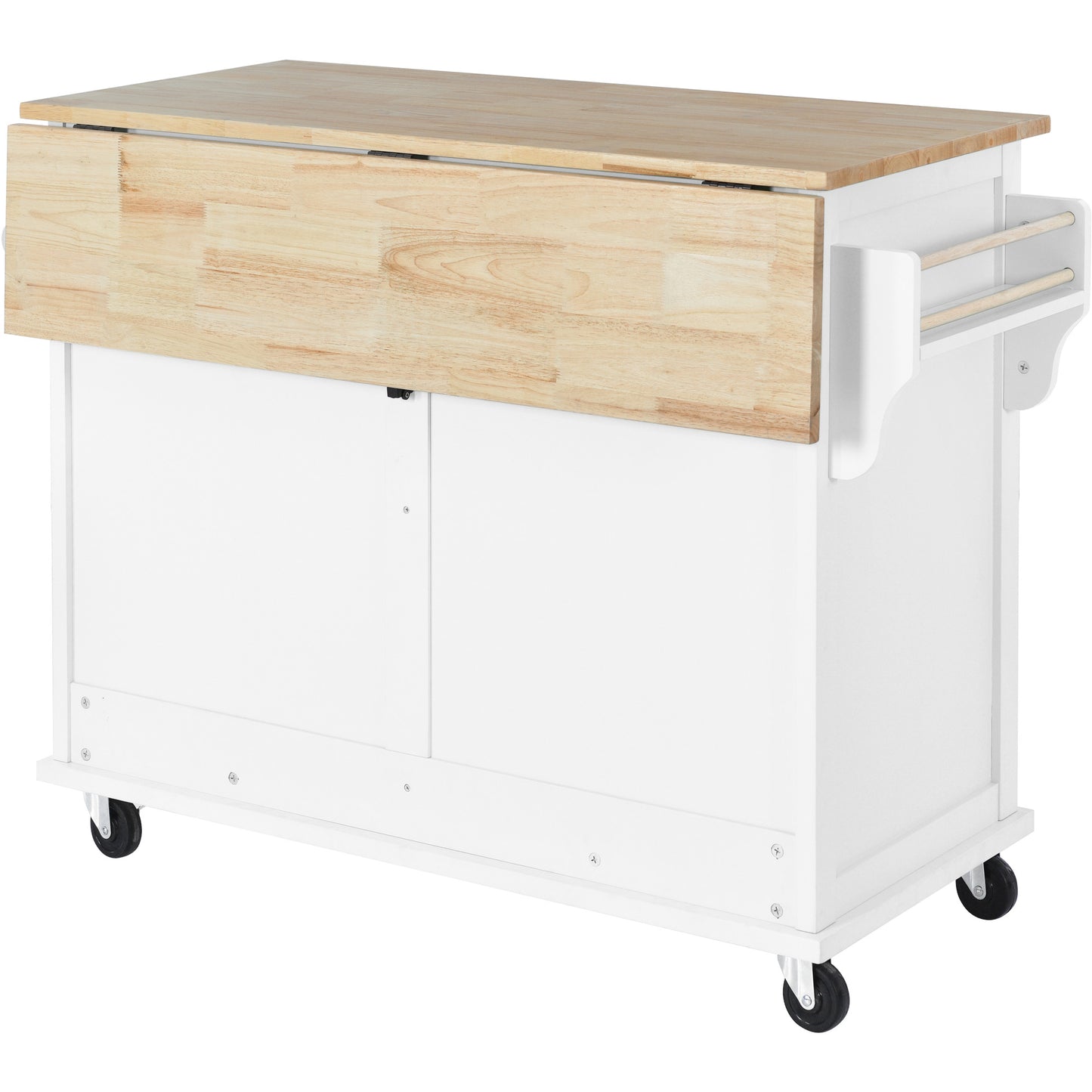 K&K Kitchen Cart with Rubber wood Drop-Leaf Countertop, Concealed sliding barn door adjustable height,Kitchen Island on 4 Wheels with Storage Cabinet and 2 Drawers,L52.2xW30.5xH36.6 inch, White