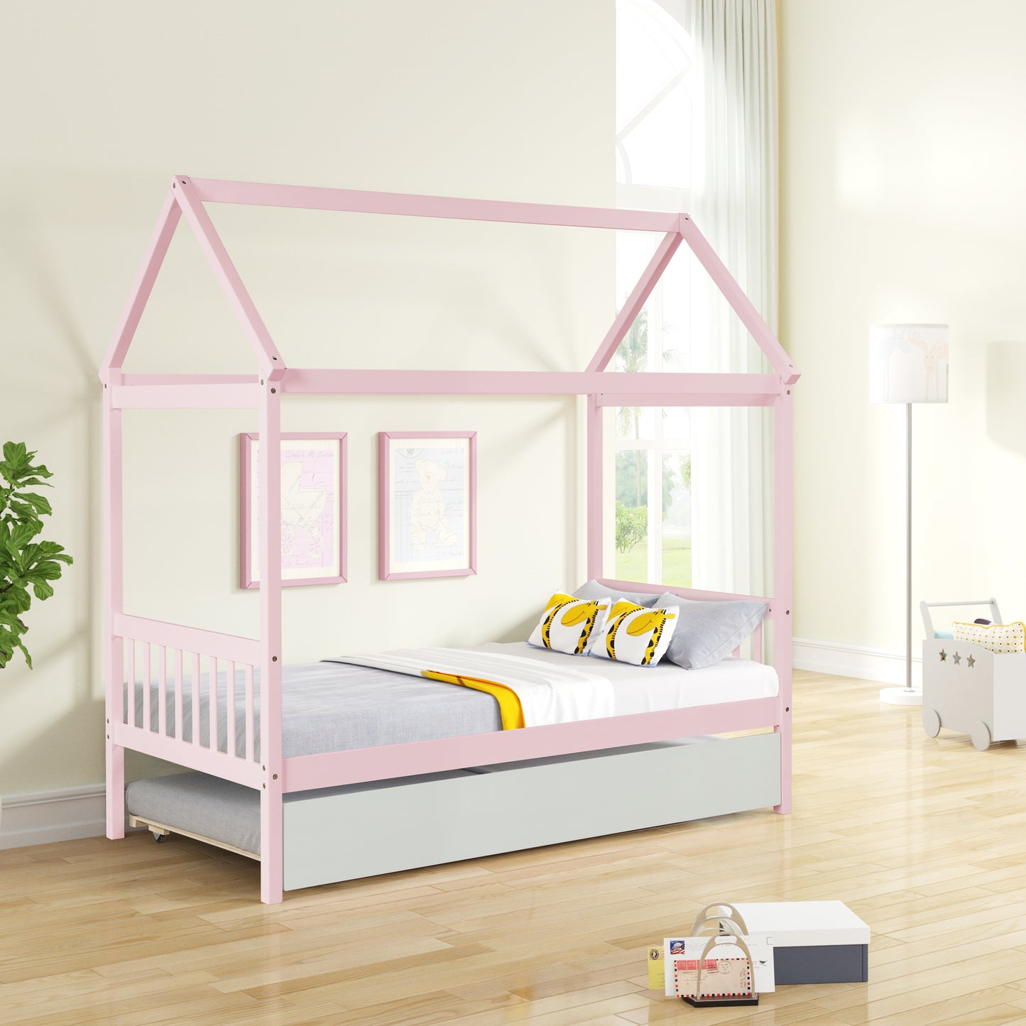 WARM PINK TWIN HOUSE BED WITH WHITE TWIN TRUNDLE