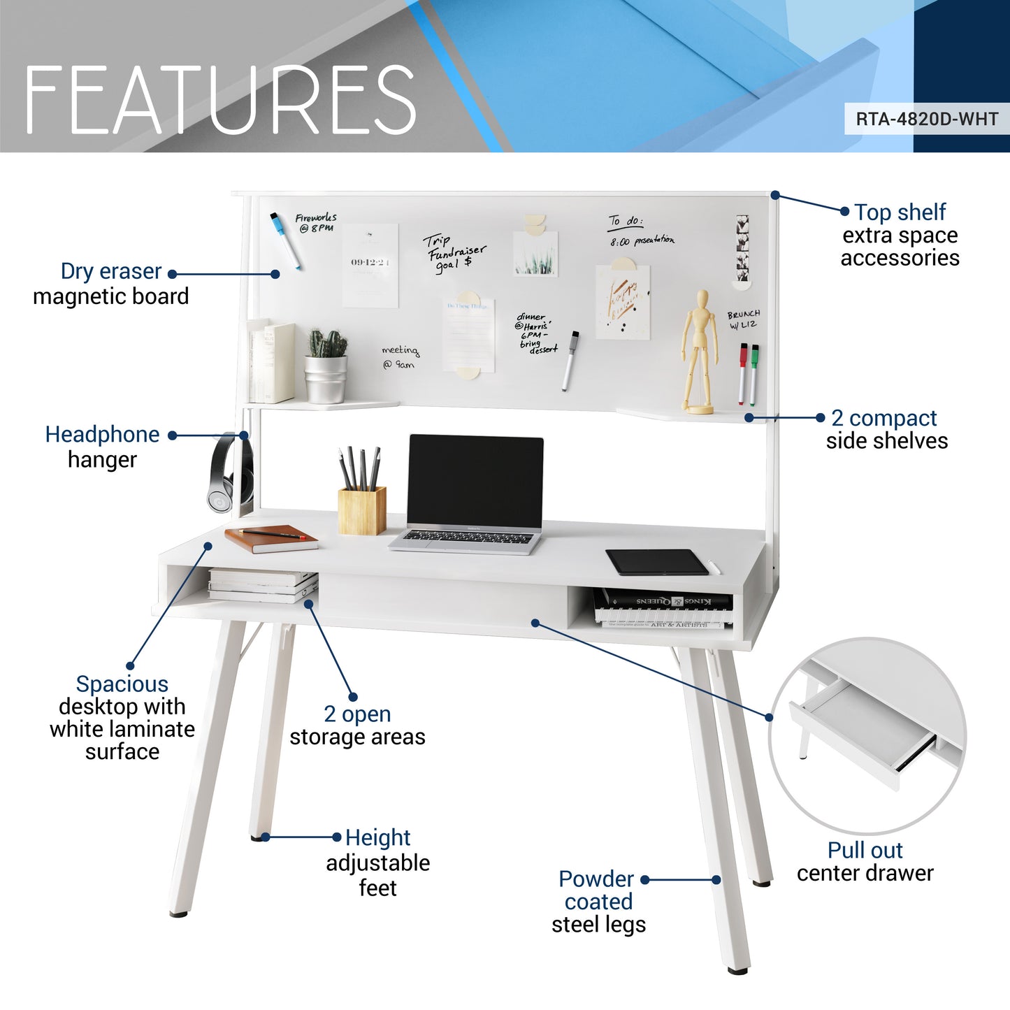 Techni Mobili Study Computer Desk with Storage & Magnetic Dry Erase White Board, White