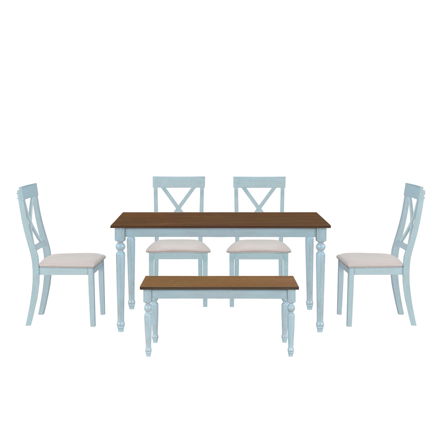 TOPMAX 6 Piece Dining Table set with Bench,Wooden Kitchen Table Set w/ 4 Padded Dining Chairs,Blue