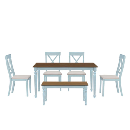 TOPMAX 6 Piece Dining Table set with Bench,Wooden Kitchen Table Set w/ 4 Padded Dining Chairs,Blue