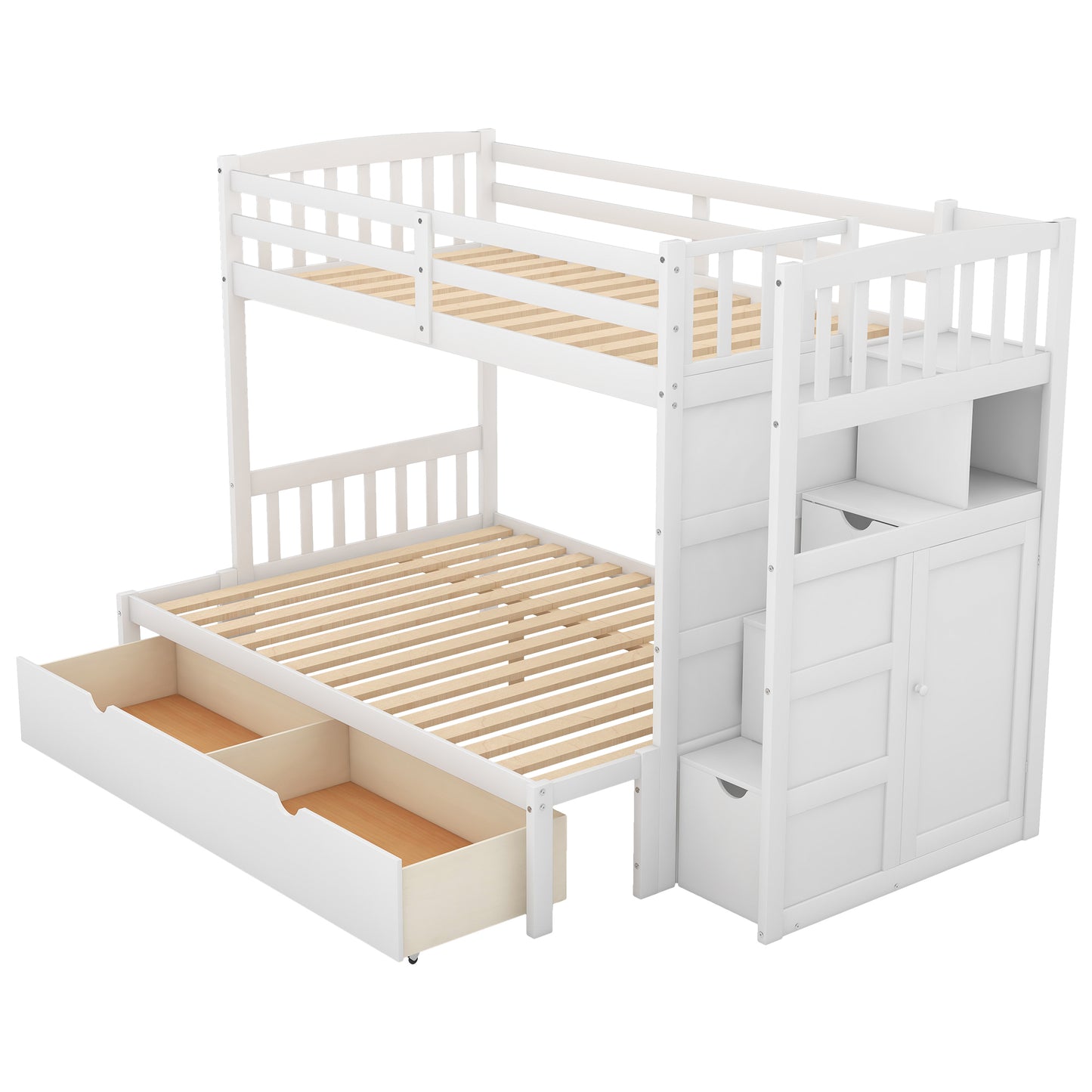 Twin over Full/Twin Bunk Bed, Convertible Bottom Bed, Storage Shelves and Drawers, White