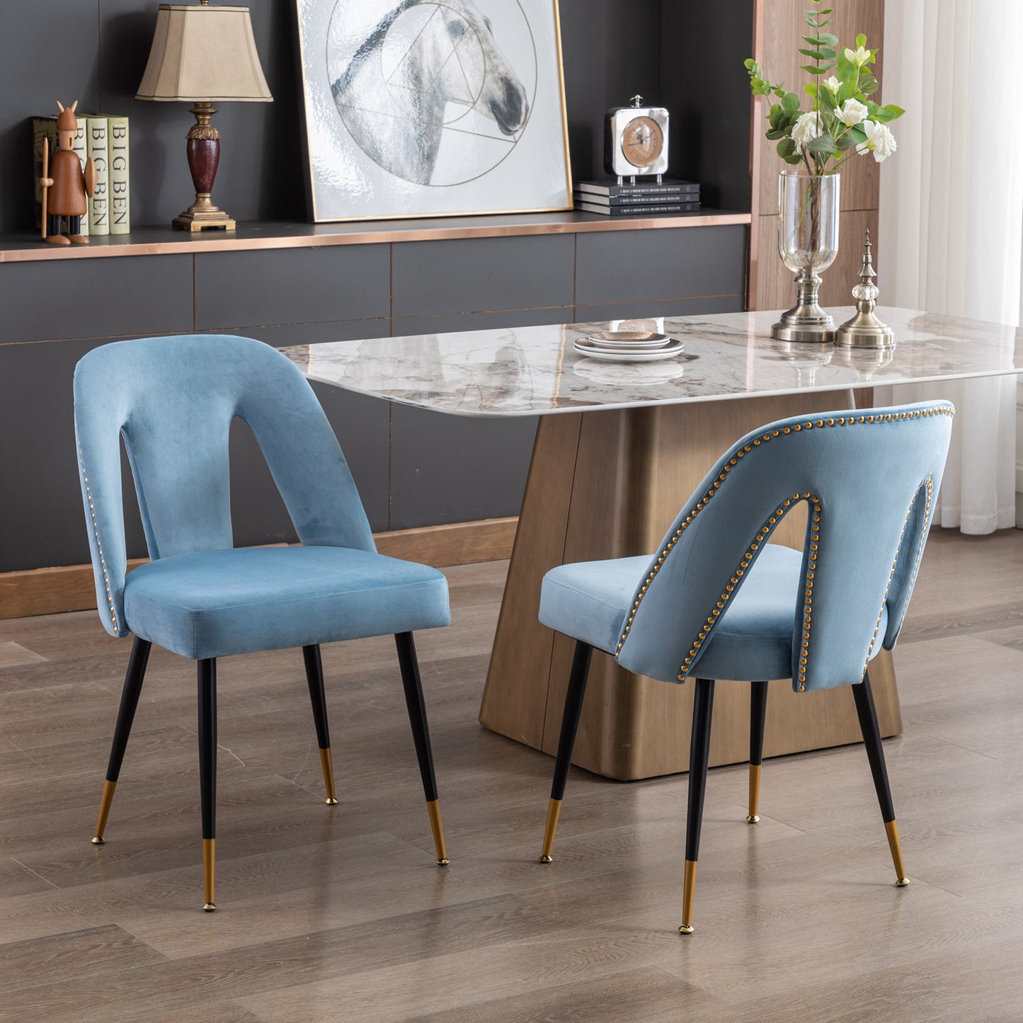 A&A Furniture,Akoya Collection Modern | Contemporary Velvet Upholstered Dining Chair with Nailheads and Gold Tipped Black Metal Legs, Light Blue，Set of 2