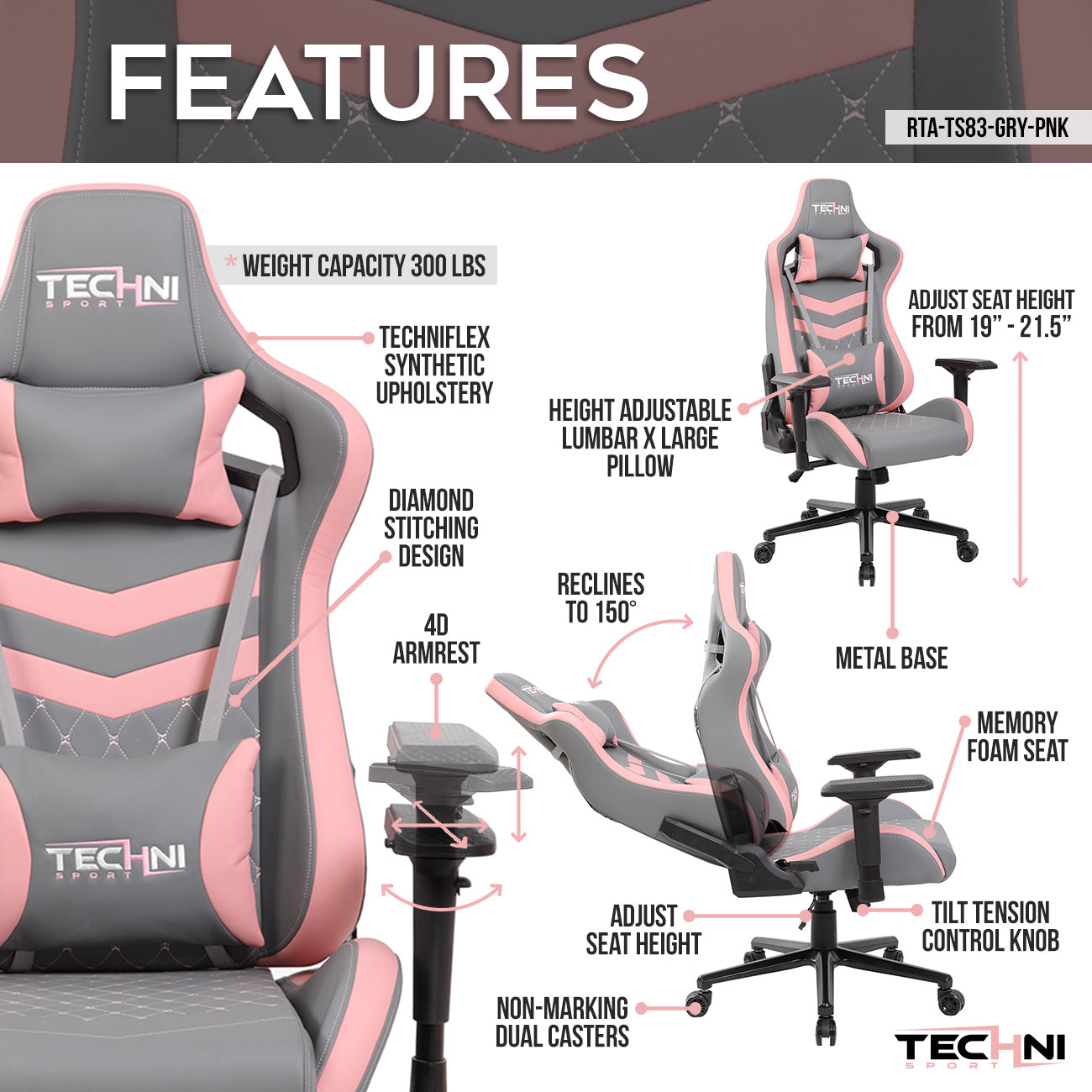 Techni Sport TS-83 Ergonomic High Back Racer Style PC Gaming Chair, Grey/Pink