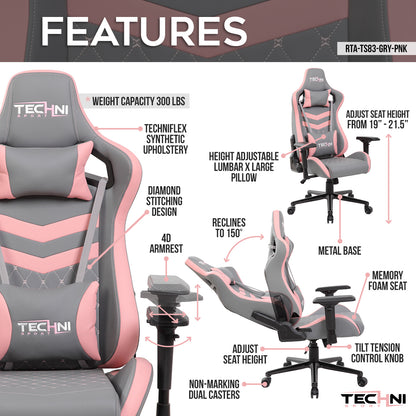 Techni Sport TS-83 Ergonomic High Back Racer Style PC Gaming Chair, Grey/Pink