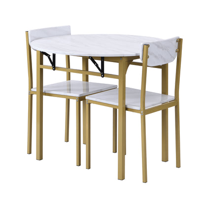 TOPMAX Modern 3-Piece Round Dining Table Set with Drop Leaf and 2 Chairs for Small Places,Golden Frame+Faux White Granite Finish