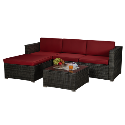 Outdoor Garden Patio Furniture 5-Piece Gray PE Rattan Wicker Sectional Red Cushioned Sofa Sets