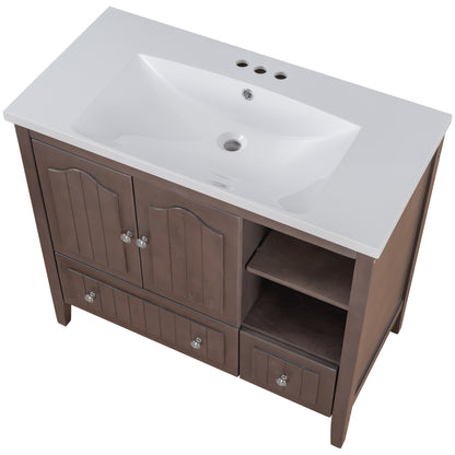 [VIDEO] 36" Bathroom Vanity with Ceramic Basin, Bathroom Storage Cabinet with Two Doors and Drawers, Solid Frame, Metal Handles, Brown