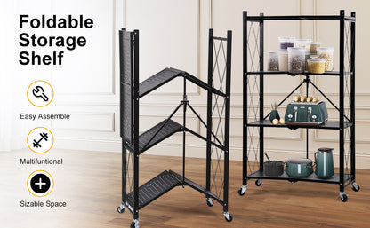 HealSmart 4-Tier Heavy Duty Foldable Metal Rack Storage Shelving Unit with Wheels Moving Easily Organizer Shelves Great for Garage Kitchen Holds up to 1000 lbs Capacity, Black