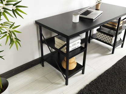 Furnish Home Store Buket Metal Frame 60" Extra Wide Wood Top 4 Shelves Writing and Computer Desk for Home Office, Black