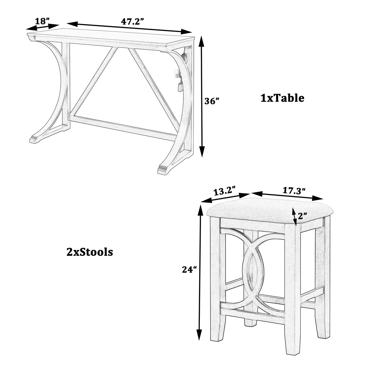 TOPMAX Farmhouse 3-Piece Counter Height Dining Table Set with USB Port and Upholstered Stools,Espresso