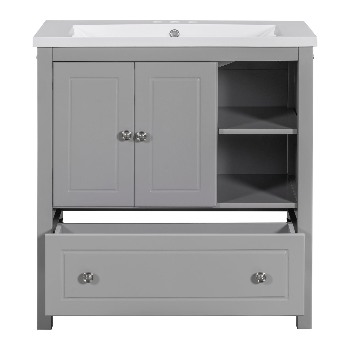 [VIDEO] 30" Bathroom Vanity with Sink, Bathroom Storage Cabinet with Doors and Drawers, Solid Wood Frame, Ceramic Sink, Grey