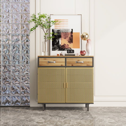 31.5'' Wide 2 Drawer Sideboard, Modern Furniture Decor，Made with Iron + Carbonized Bamboo，Easy Assembly，Gold