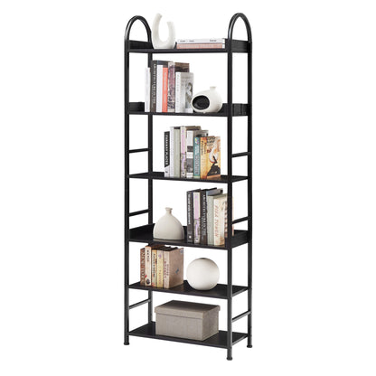 70.8 Inch Tall Bookshelf, 6-tier Shelves with Round Top Frame, MDF Boards, Adjustable Foot Pads, Black