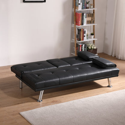 Black Leather Multifunctional Double Folding Sofa Bed for Office with Coffee Table