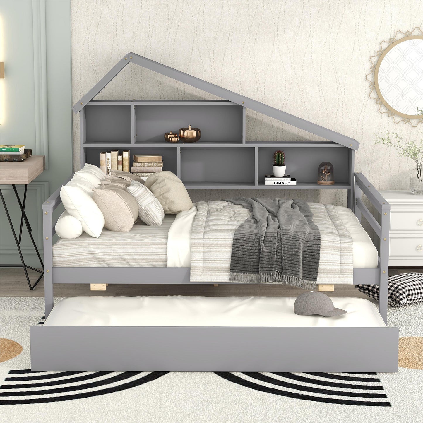 Full Size Platform Bed with Trundle and Shelves, Gray