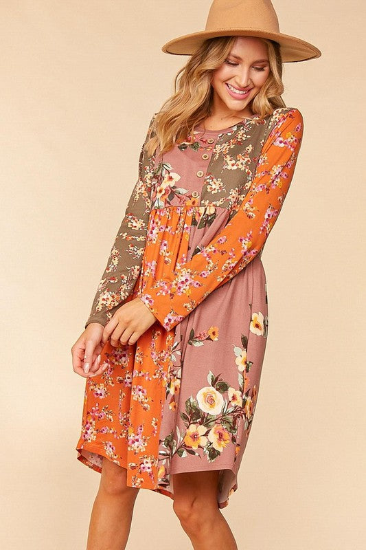 BUTTON DOWN FLORAL COLOR BLOCK MIDI DRESS