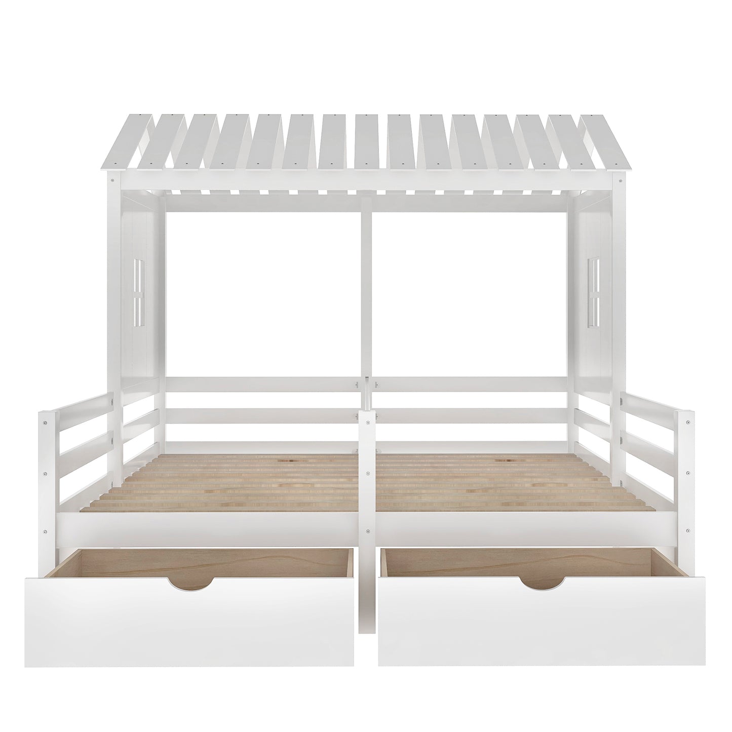 Twin Size House Platform Beds with Two Drawers for Boy and Girl Shared Beds, Combination of 2 Side by Side Twin Size Beds, White