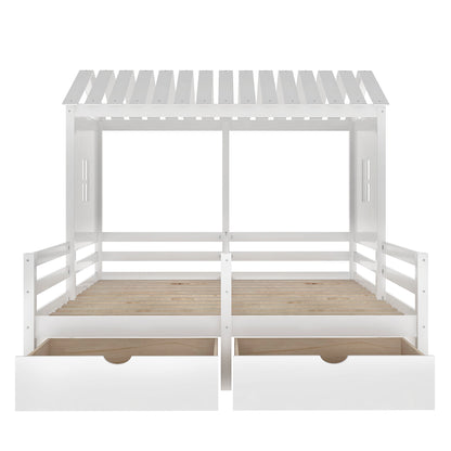 Twin Size House Platform Beds with Two Drawers for Boy and Girl Shared Beds, Combination of 2 Side by Side Twin Size Beds, White