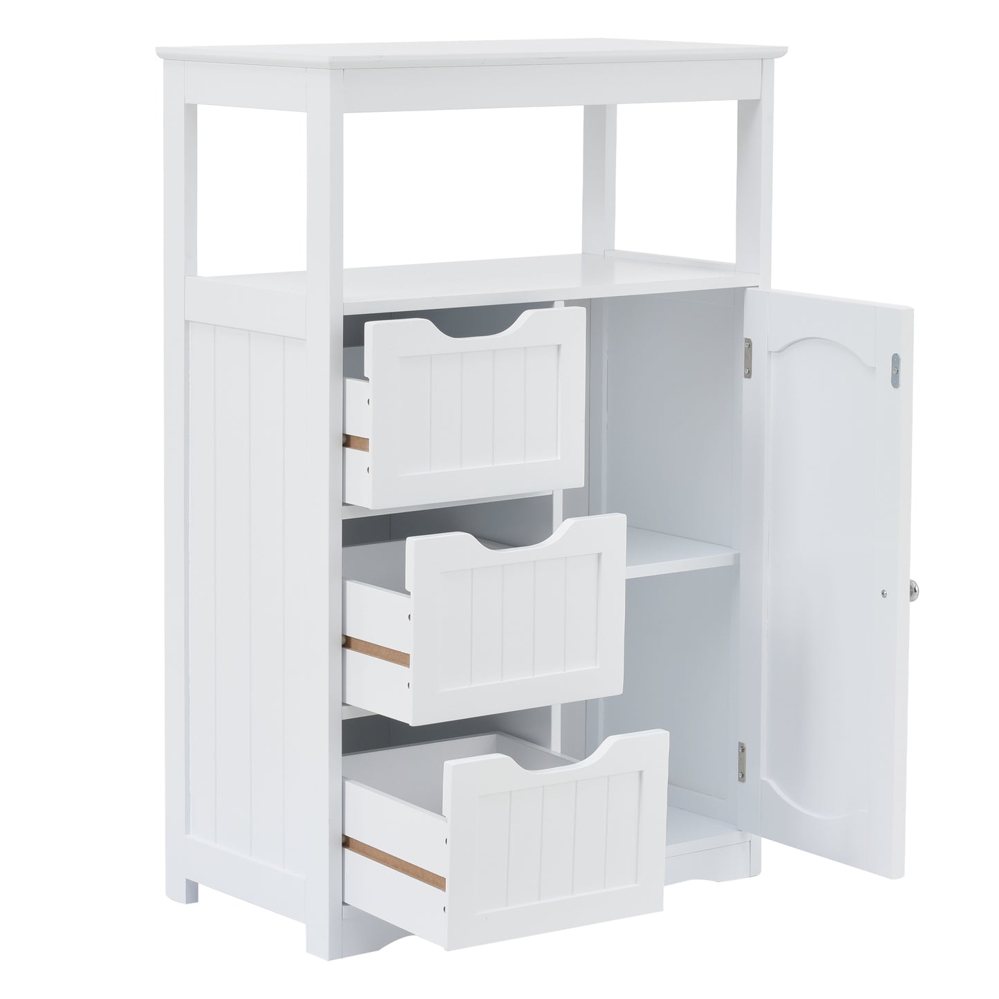 White Bathroom Cabinet, Freestanding Multi-Functional Storage Cabinet with Door and 3 Drawers, MDF Board with Painted Finish