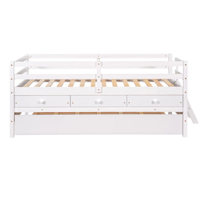 Low Loft Bed Twin Size with Full Safety Fence, Climbing ladder, Storage Drawers and Trundle White Solid Wood Bed