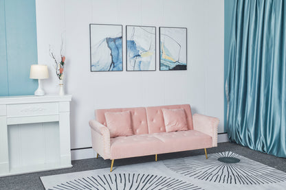 [New+Video]Pink velvet nail head sofa bed with throw pillow and midfoot