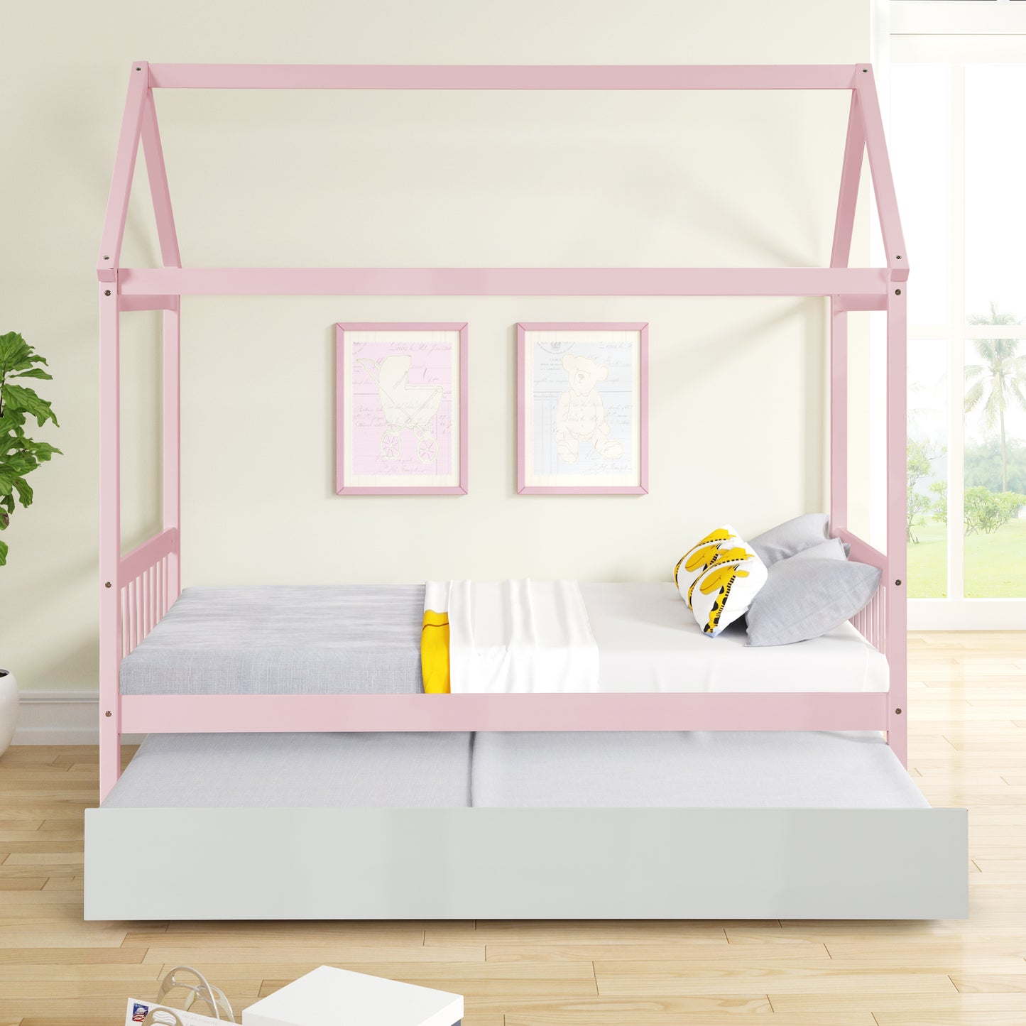 WARM PINK TWIN HOUSE BED WITH WHITE TWIN TRUNDLE