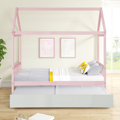 WARM PINK TWIN HOUSE BED WITH WHITE TWIN TRUNDLE