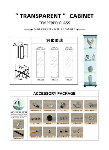 Glass Display Cabinet 4 Shelves with Door, Floor Standing Curio Bookshelf for Living Room Bedroom Office, 64.56” x 16.73”x 14.37”, White